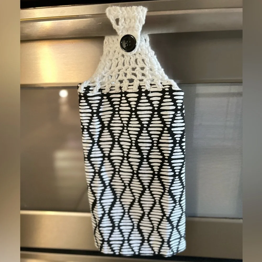 Hand Crafted Black and White Hanging Kitchen Hand Towel Crochet Top